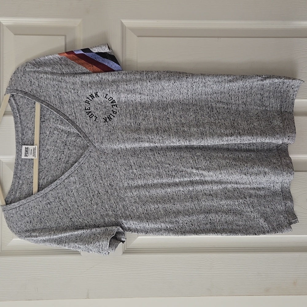 NWOT PINK Victoria's Secret Heathered Gray Tshirt Striped Sleeve